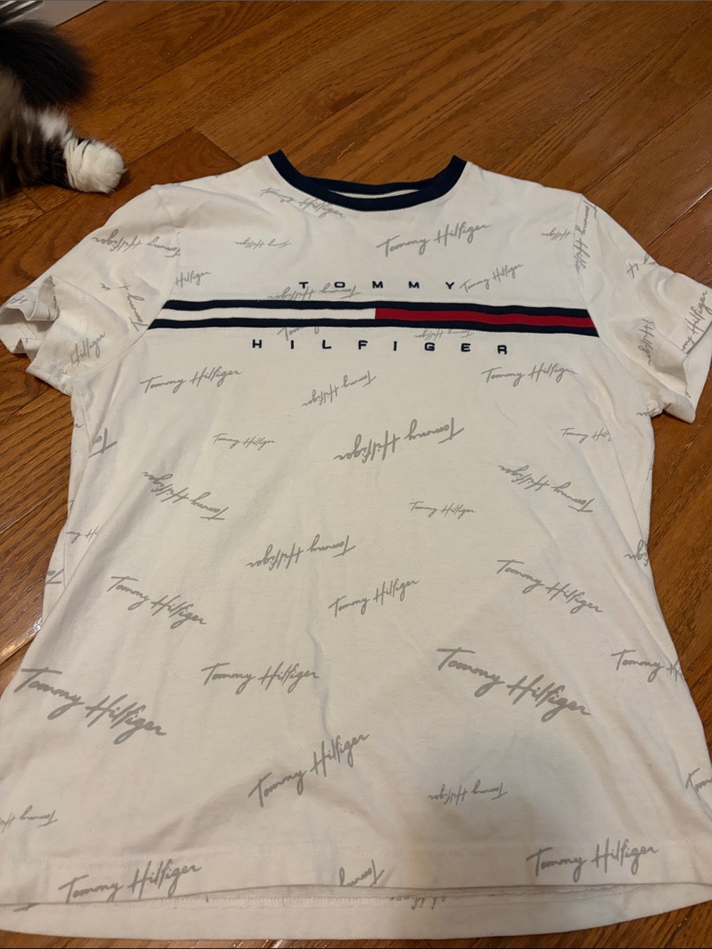 Tommy Hilfiger White Tee with Navy and Red Chest Stripe